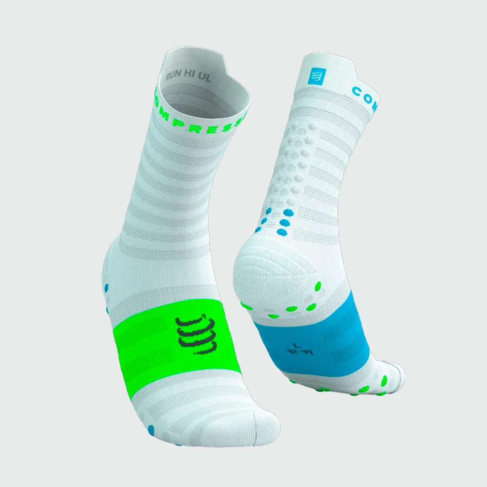 CALCETINES COMPRESSPORT PRO RACING V4.0 ULTRALIGHT RUN HIGH - White / Norse Blue / Neon Green