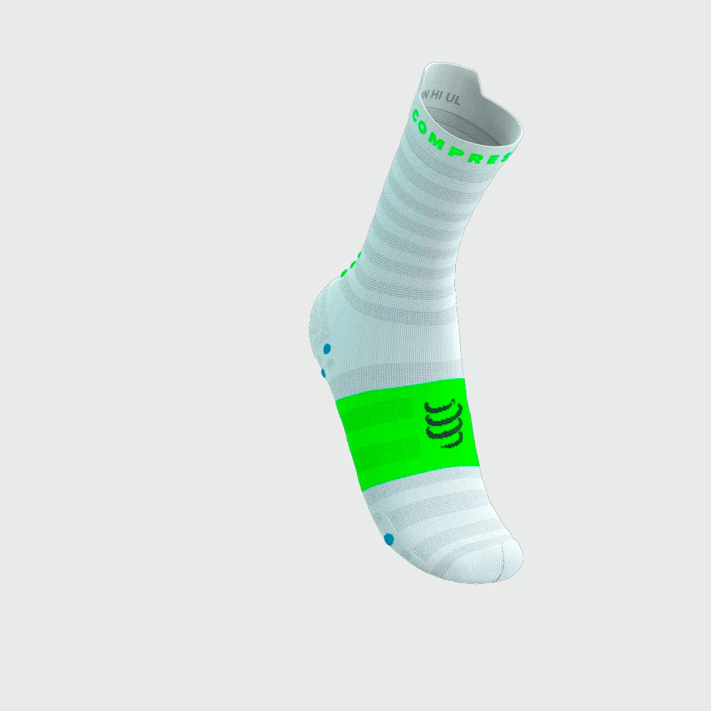 CALCETINES COMPRESSPORT PRO RACING V4.0 ULTRALIGHT RUN HIGH - White / Norse Blue / Neon Green - Image 2