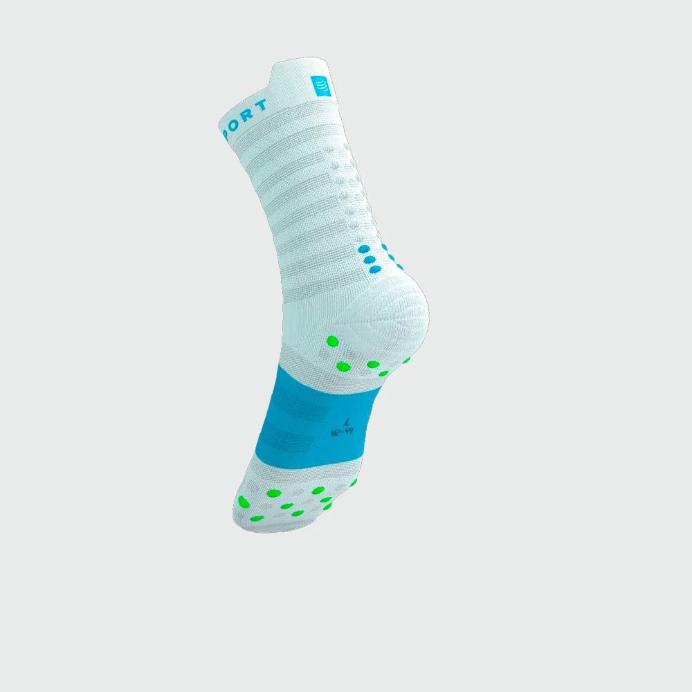 CALCETINES COMPRESSPORT PRO RACING V4.0 ULTRALIGHT RUN HIGH - White / Norse Blue / Neon Green - Image 3